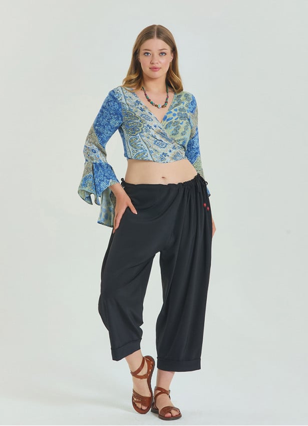 Adjustable Waist Black Women's Plus Size Trousers with Rope Detail 4622
